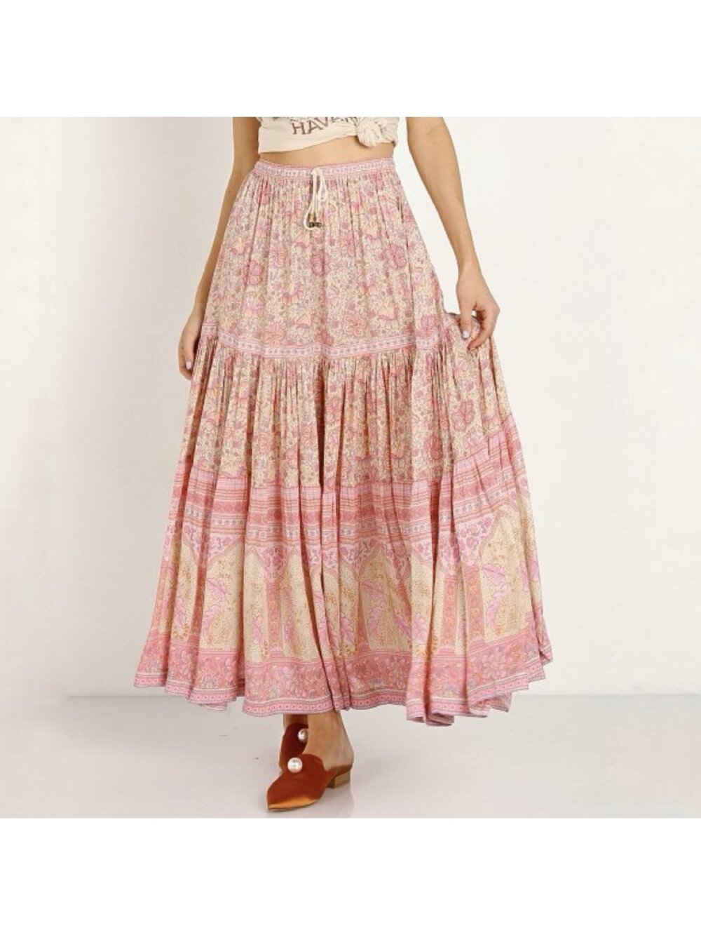 Spell & The Gypsy Poinciana Maxi Skirt Pink Cotton Candy Gold Metallic Size XS